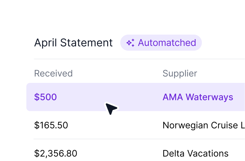 An automatched April statement with received amounts matched to suppliers