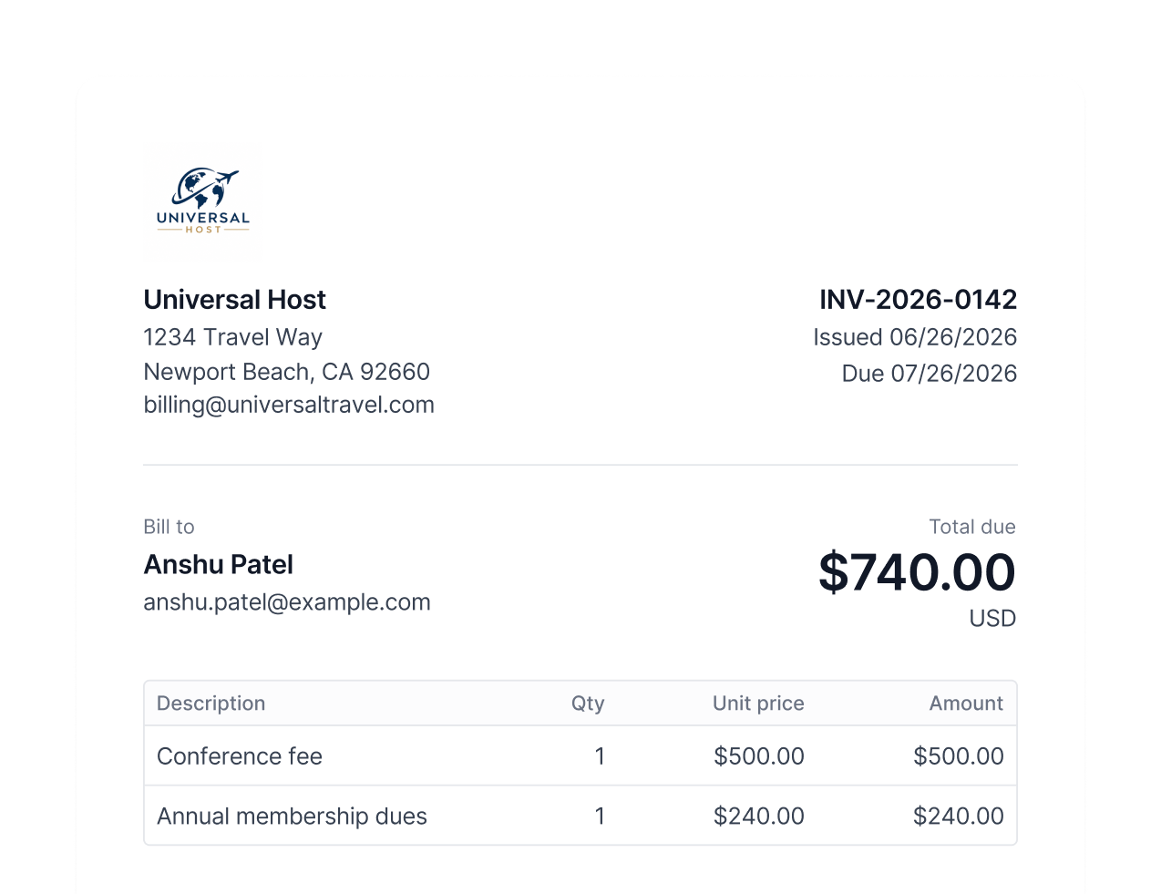 A branded agency invoice with line items, total due, and payment dates