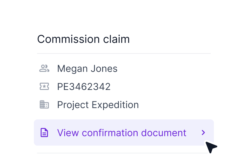 A commission claim with client, confirmation number, and confirmation document