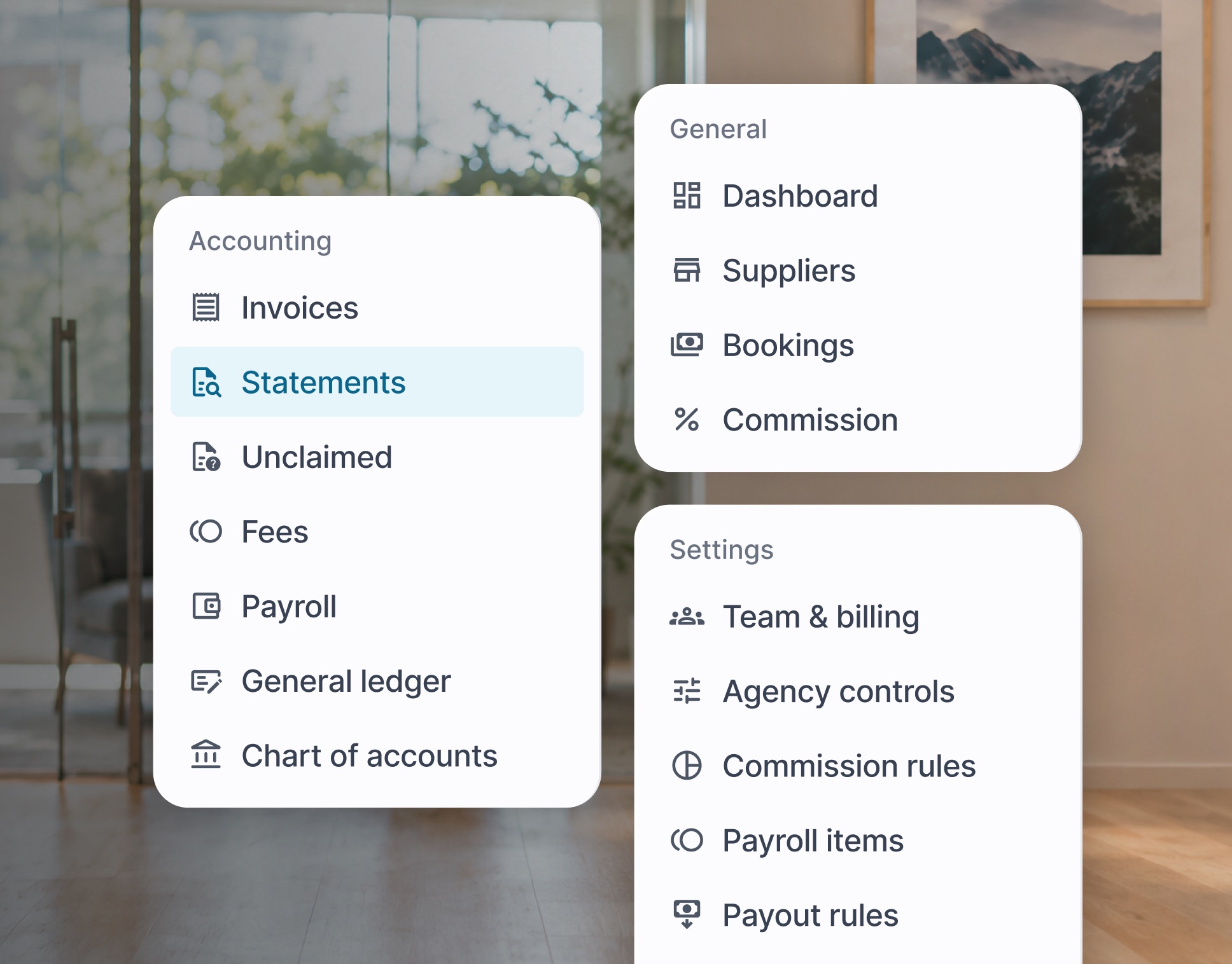 Tern's back office navigation: invoices, statements, unclaimed commission, fees, payroll, general ledger, and chart of accounts