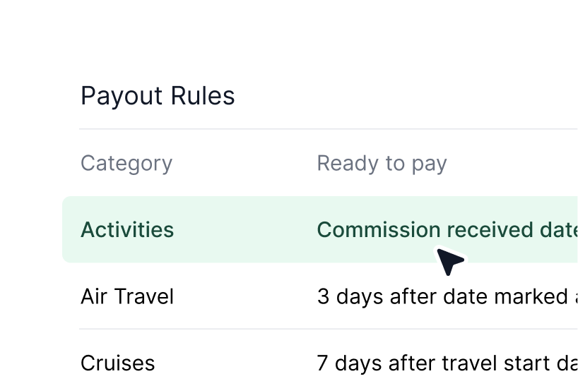 Payout rules by category, like activities paid on commission received date