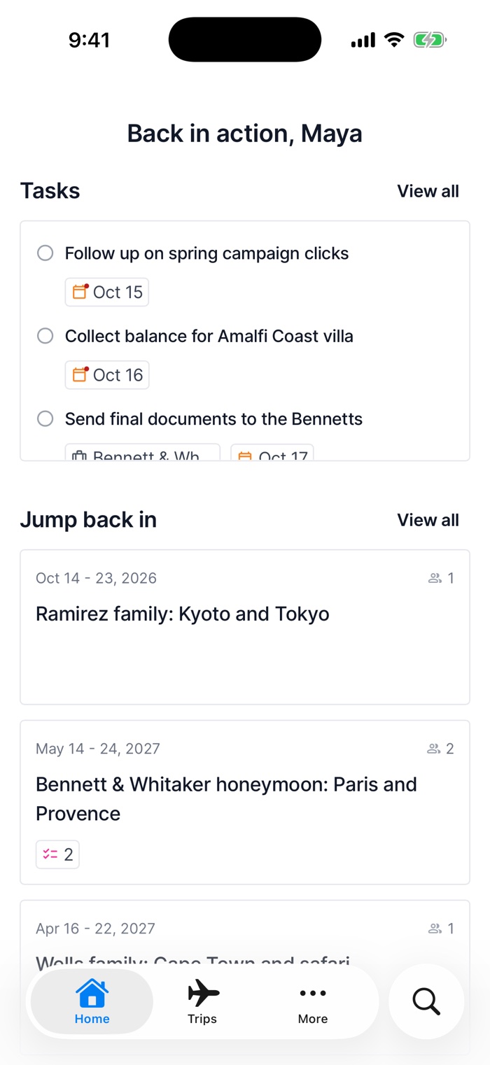 Tern mobile app showing today's tasks and upcoming trips