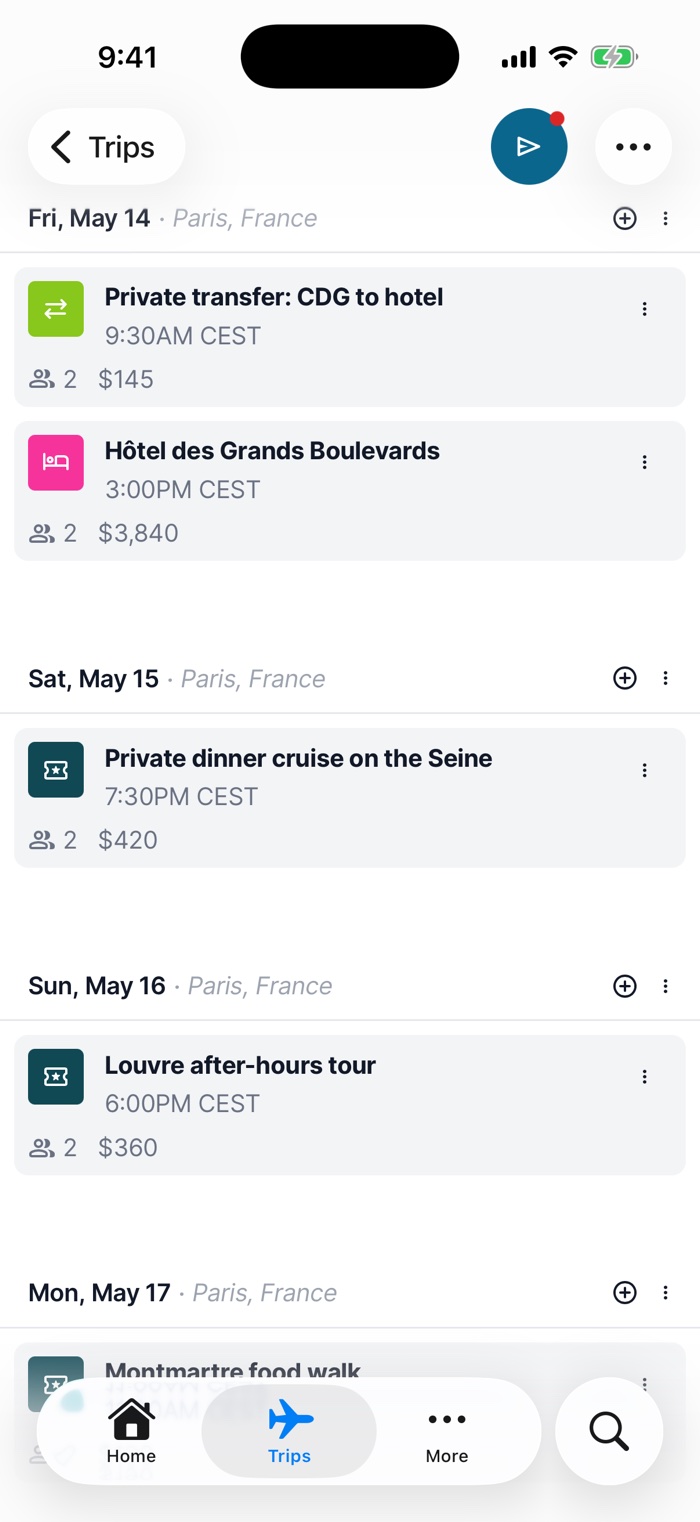 A honeymoon itinerary with times and prices in the Tern mobile app